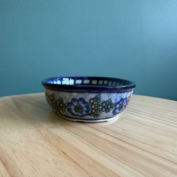 Handmade Polish Pottery Blue Floral Oval Bowl 7" Unikat 486 - Picture 3 of 7